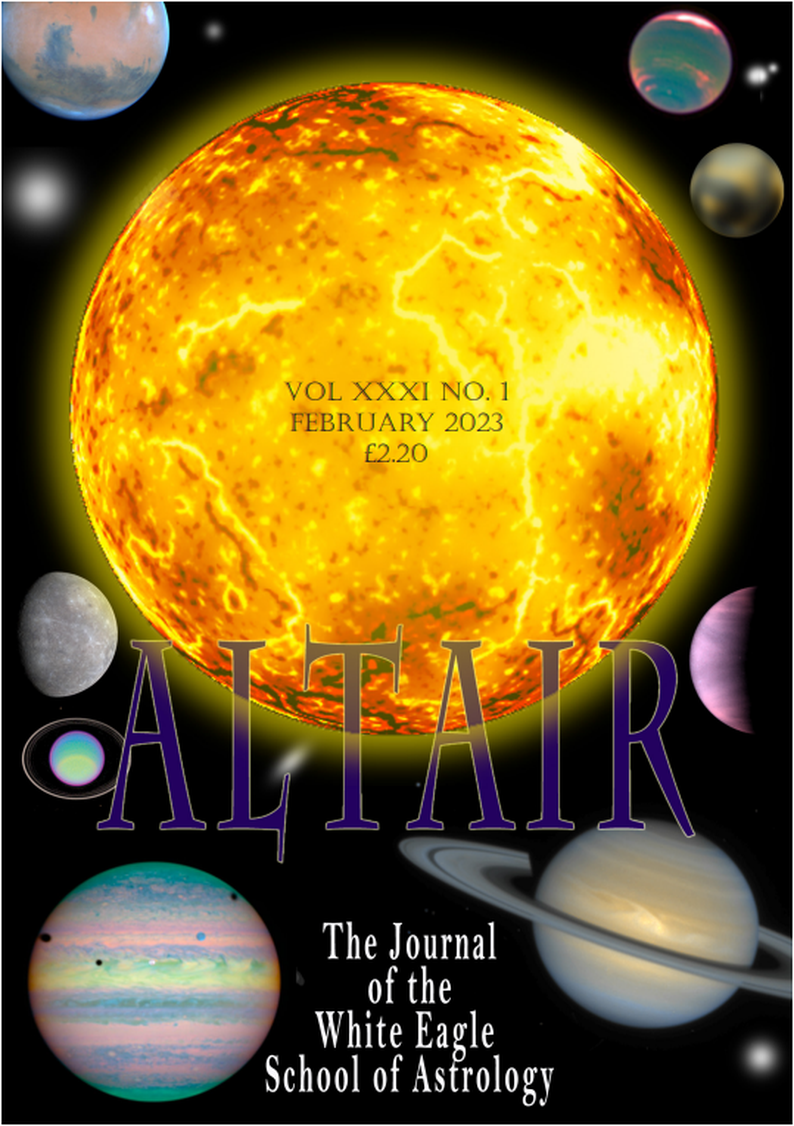 A large yellow-orange sun at the centre with planets circling