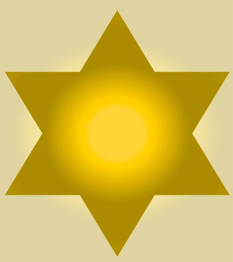 A six-pointed gold-coloured star with a bright sun in the middle