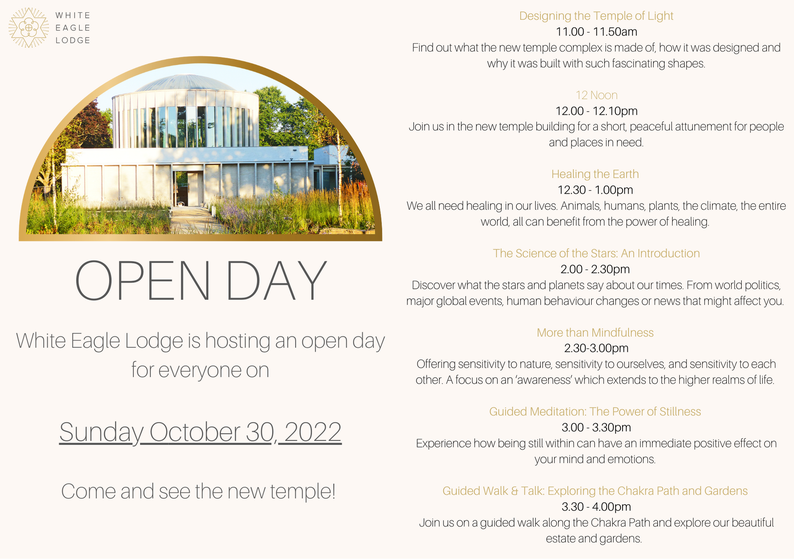 Open day brochure with frames containing pictures of a temple
