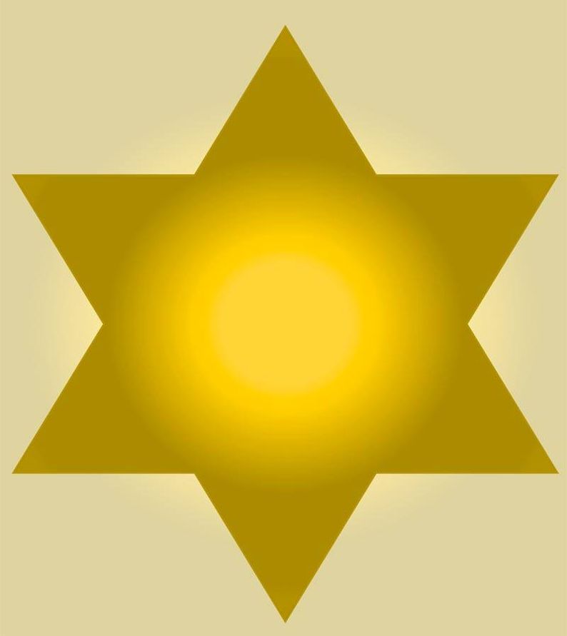 A six-pointed gold-coloured star with a bright sun in the middle